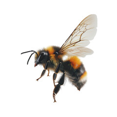 Bumblebee in Flight: A detailed studio shot captures a bumblebee mid-flight, showcasing its fuzzy body, intricate wings, and focused gaze, perfect for natural science enthusiasts.