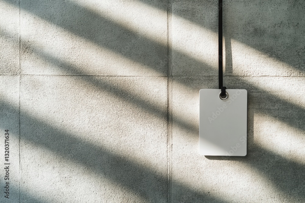 Aufkleber minimalist work badge hanging against textured office wall in soft lighting showcasing a clean and s