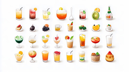 Diverse Cocktail and Dessert Selection: A vibrant array of meticulously illustrated cocktails and delectable desserts, showcasing a spectrum of flavors, colors, and textures.