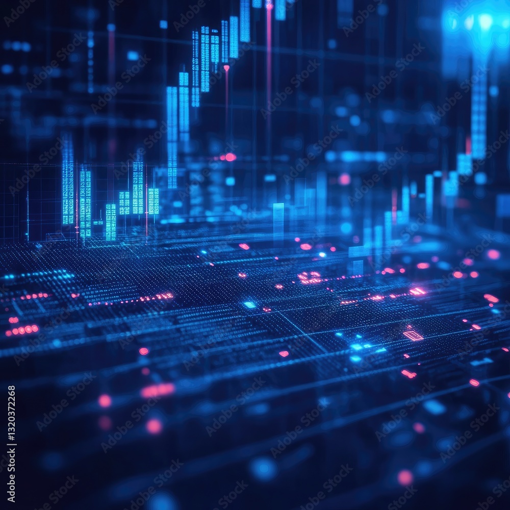 Aufkleber abstract futuristic digital data visualization with glowing blue and pink network and financial mark
