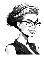 Dazzling beautiful woman in stylish glasses smiling over shoulder, self-confidence and charm. Black and white vector image.