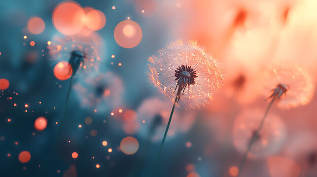 Soft pink dandelions glowing under the warm golden light of a dreamy sunset with a blurred background in nature