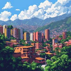 Obraz premium Pixel art illustration showing a city nestled among rolling hills