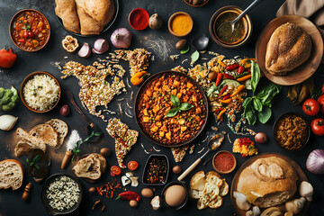 Culinary World Map: A captivating, top-down view showcases a world map intricately crafted from diverse cuisines, symbolizing the rich tapestry of global food cultures.