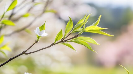 Obraz premium Delicate Willow Branch with Fresh Green Leaves, Soft Sunlight, and Blurred Spring Blossoms, Evoking Serenity and Renewal 