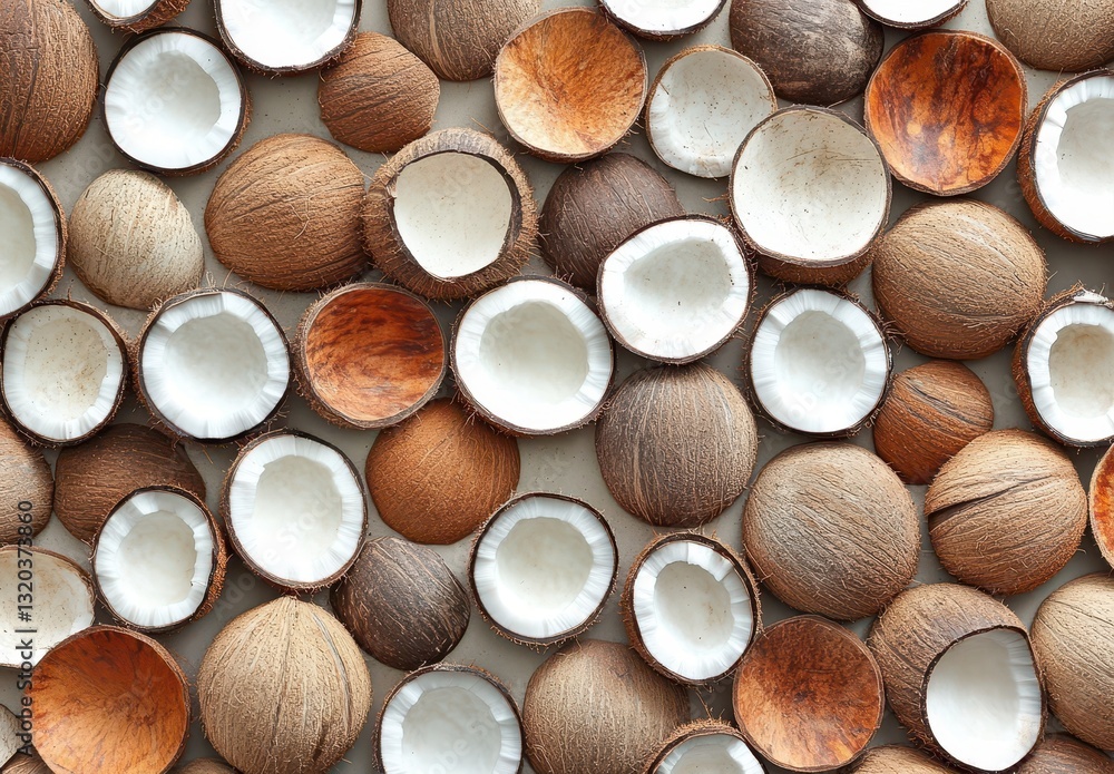 Poster a beautiful array of natural coconut shells with varied textures and colors perfect for artistic or 