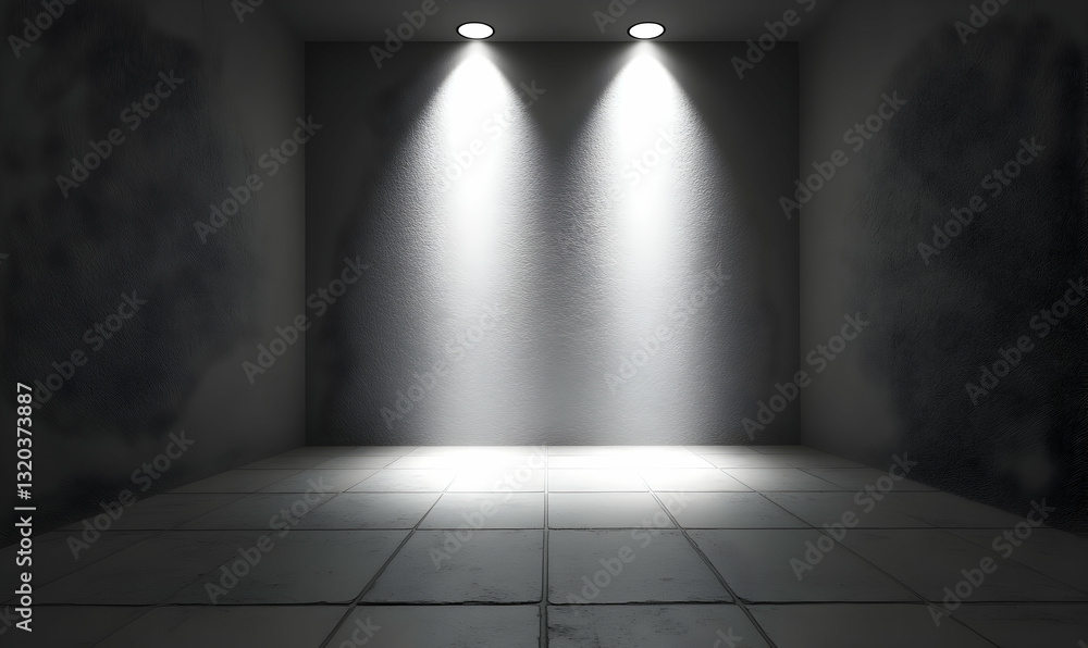 Poster dramatic empty room with spotlight illumination, ideal for product placement or background use. text