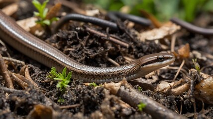 Obraz premium Earth’s Secret: A Slow Worm’s Shiny Scales Amidst Compost and Soil