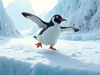 Fototapeta premium Playful Penguin Sliding on Ice: A lively penguin sliding playfully on the icy surface, wings spread out for balance. The background features a snowy Antarctic landscape with a soft blur effect.