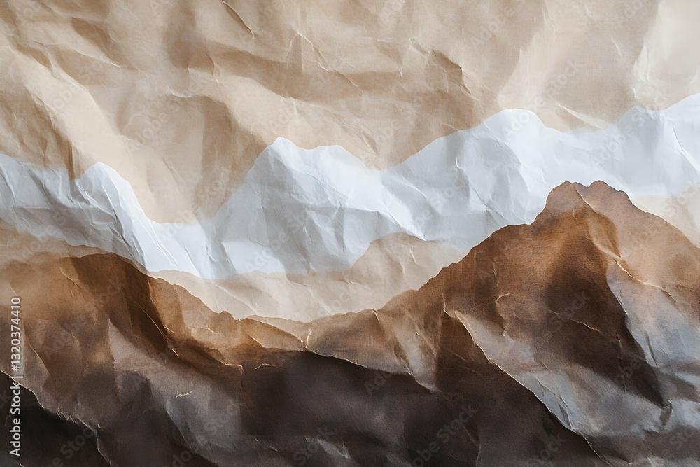 Poster abstract mountain range landscape art print. crumpled paper texture background with earthy tones. pe