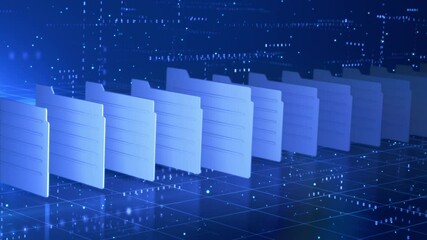 Digital file folders in a futuristic cyber environment, represent data storage, cloud computing, document management, and file organization technology. Digital big data abstract background 4K