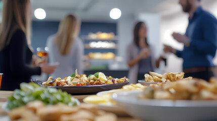 Office Feast: A delectable array of catered food sits on a buffet table with colleagues in the background, enjoying a social gathering at the workplace.