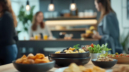Lunch Gathering: A vibrant scene unfolds as a casual meal is enjoyed, featuring a delicious array of snacks and dishes. People engaging in a relaxed environment.