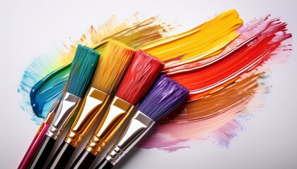 Fototapeta premium colorful paintbrushes with vibrant paint strokes on white background artistic tools for creative projects