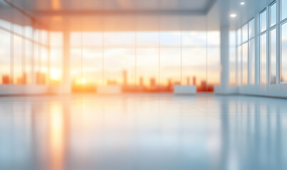 Sunlit modern office interior with city skyline view, ideal for business presentations or website backgrounds.