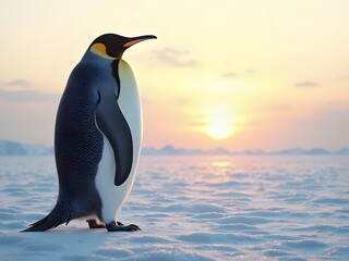 Fototapeta premium Emperor Penguin Standing Proudly on Ice: A majestic emperor penguin standing tall on an icy landscape, gazing into the distance. The golden glow of the setting sun softly illuminates its feathers.
