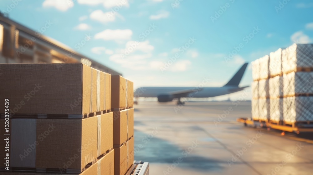 Poster a busy airport scene featuring stacks of cardboard boxes with an airplane in the background, illustr