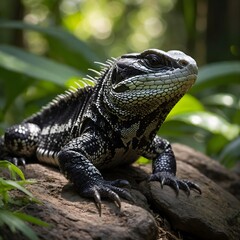 Fototapeta premium Glistening in the Light: A Black and White Tegu on a Sunlit Stone
