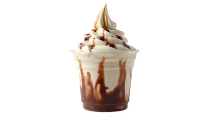 Delicious Ice Cream Sundae with Chocolate Sauce in a Plastic Cup. Perfect Dessert for Summer!