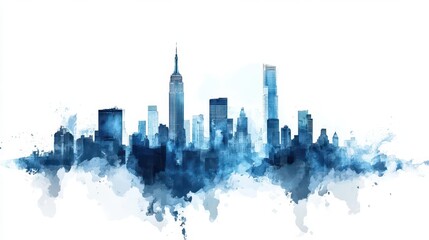 Fototapeta premium Abstract City Skyline Silhouette in Watercolor Style and Blue Tones