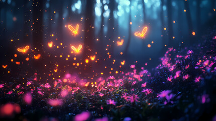 Obraz premium Enchanted Forest: A mystical scene, illuminated by glowing butterflies and vibrant flowers, creating an atmosphere of magic and wonder. 