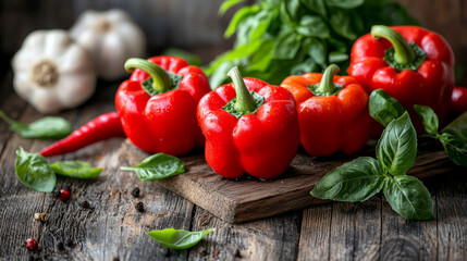 Red bell peppers on a wooden background, with fresh green leaves nearby, generative AI