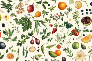Nature's Bounty: An illustrated array of fresh fruits, vegetables, herbs, and flowers create a vibrant and appealing composition