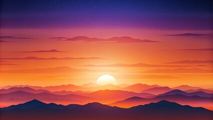 Abstract Sunset Illustration with Layered Mountain Silhouettes