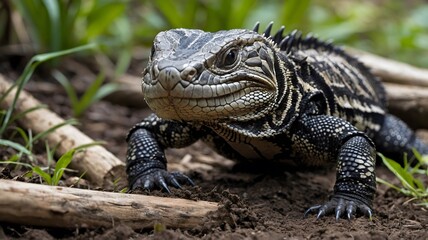Obraz premium In Search of Sustenance: A Tegu Excavates the Soil Near a Fallen Log