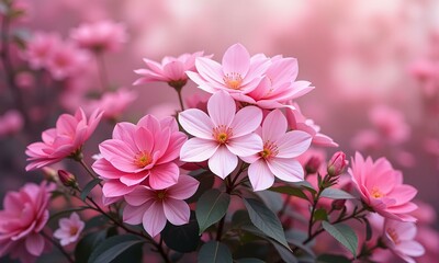 Fototapeta premium Pink flowers with green leaves in background.