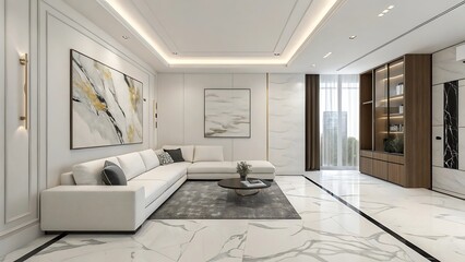 Minimalist luxury living room with sectional sofa and modern white decoration.