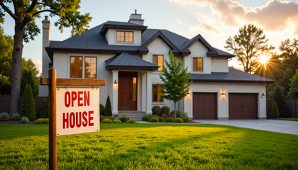 Open House Sign on Suburban Lawn, real estate sale