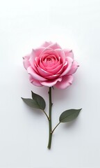 Pink rose with stem and leaves on white background.