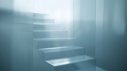 Obraz premium Modern glass staircase ascending towards light, minimalist architectural design, clean lines, cool blue tones, contemporary interior.