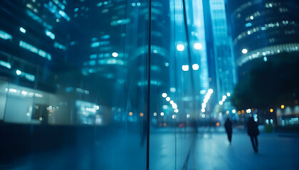 Obraz premium Abstract city night scene viewed through glass, showcasing blurred lights and city skyscrapers. Perfect for backgrounds, urban themes, and modern design.