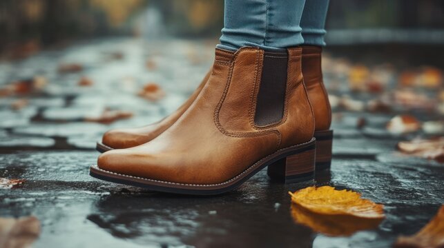 Autumn boots on wet cobblestones, woman's fashion, fountain in background