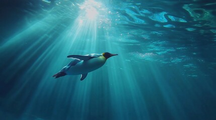 Fototapeta premium A magnificent emperor penguin swimming through crystal-clear waters, Full HD, 32k Resolution 