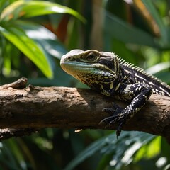 Obraz premium In the Canopy: A Juvenile Tegu Among Vibrant Plants and Dappled Light