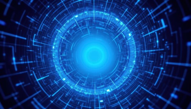 A mesmerizing 3D rendering of a futuristic abstract wireframe tunnel, resembling a blue wormhole portal with a grid pattern, creating a fantasy funnel effect.