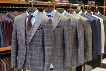 Men's suits in grey plaid hanging on rack. Perfect for showcasing men's fashion, business attire, or clothing retail.