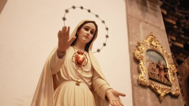 Low angle mid shot of a Sacred Heart Virgin Mary statue with open hands in a church interior