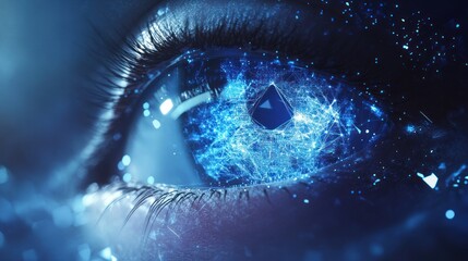 Close-up human eye with digital graphic, futuristic design, abstract background