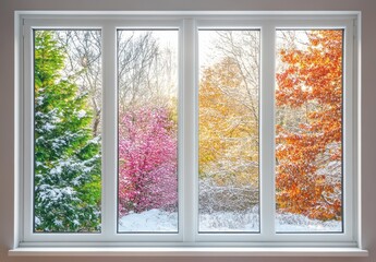 Fototapeta premium Beautiful Seasonal Change Visible Through Modern Window Offers Glimpse of Vibrant Colors and Winter Snow in Nature's Splendor