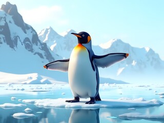 Obraz premium Penguin Spreading Its Wings on Ice: A lively penguin standing tall on ice, spreading its wings wide as if preparing for flight. The icy background reflects the soft blue hues of the Antarctic sky.