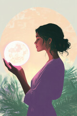 Naklejka premium A young woman holds a glowing orb, silhouetted against a sunset, creating a mystical and serene atmosphere.