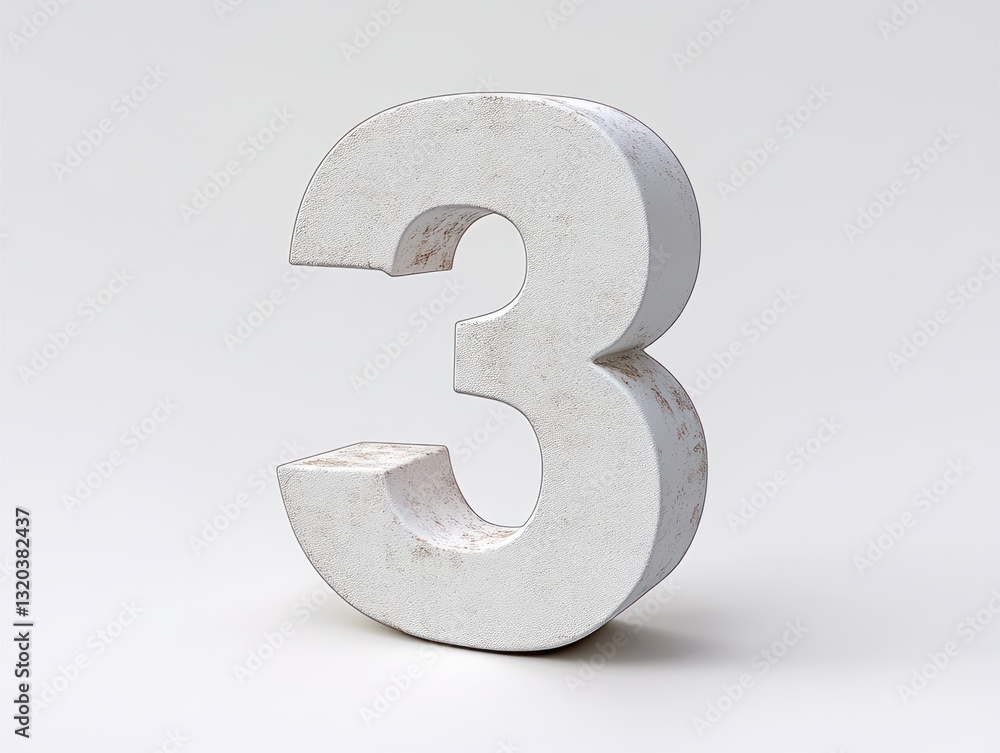 Fototapete minimalist 3d number three design with glossy metallic finish in bright white color for modern typog