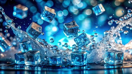 Ice Cubes Splashing in Water with Bright Blue Background
