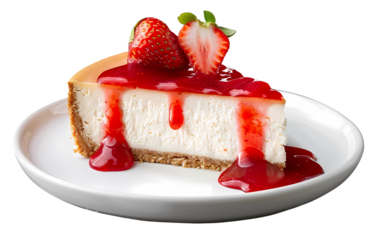 Strawberry Cheesecake Delight: A delectable slice of creamy cheesecake topped with fresh strawberries and a luscious strawberry drizzle on a clean plate, ready to satisfy any sweet tooth.