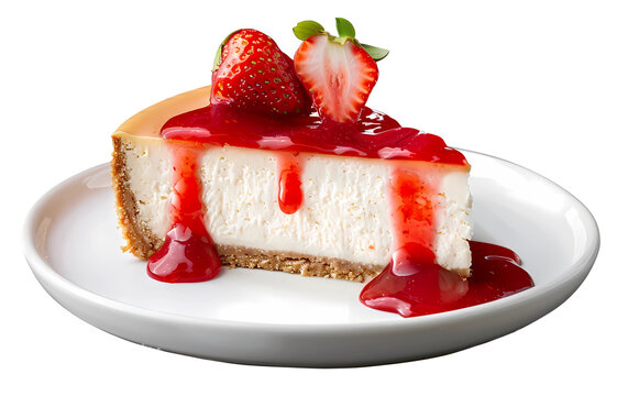 Strawberry Cheesecake Delight: A delectable slice of creamy cheesecake topped with fresh strawberries and a luscious strawberry drizzle on a clean plate, ready to satisfy any sweet tooth.