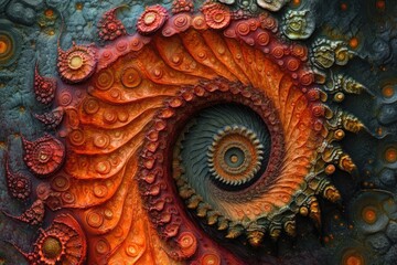 Intricate Spiral Fractal Art Featuring Orange and Teal Hues A Stunning Display of Mathematical Beauty and Organic Aesthetics